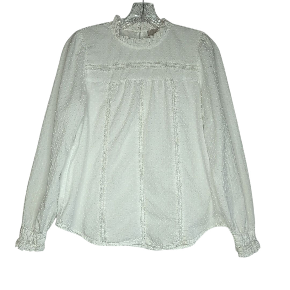 Loft White Clip Lace Trim Ruffle Blouse in Swiss Dot with Lace Inserts, small
